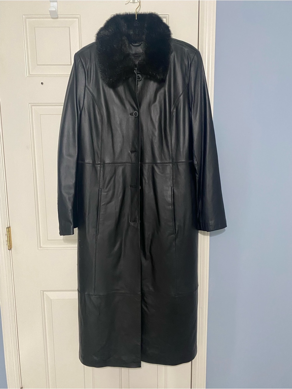 Women's Black Genuine Leather Long Coat with Faux Fur Collar and Zip-out Lining